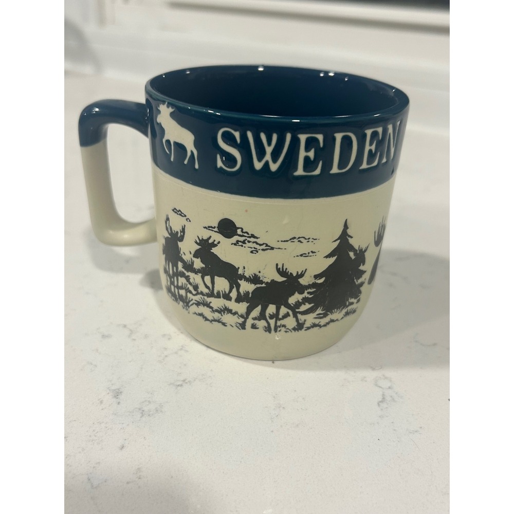 Sweden Souvenir Coffee Mug Moose Landscape Navy Blue Cream Ceramic Cup